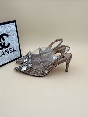 🚩steal Sergio Rossi Multicolor Glitter Slingback Heels with Crystal Bow